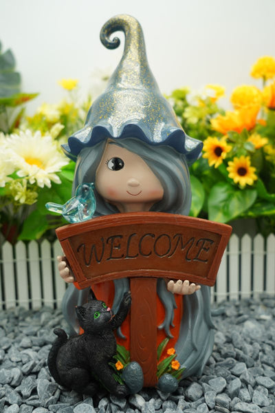 Orb Magic Girl Welcome With Cat Sign Solar Powered Statue - BY MARK & MARGOT - FREE SHIPPING!