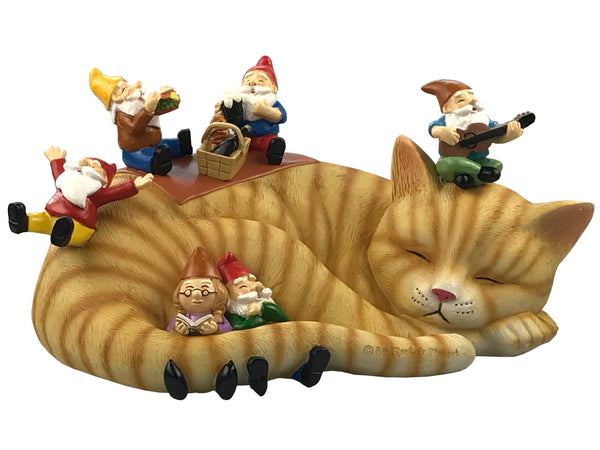 Sleeping Cat with Granny Gnome Picnic
